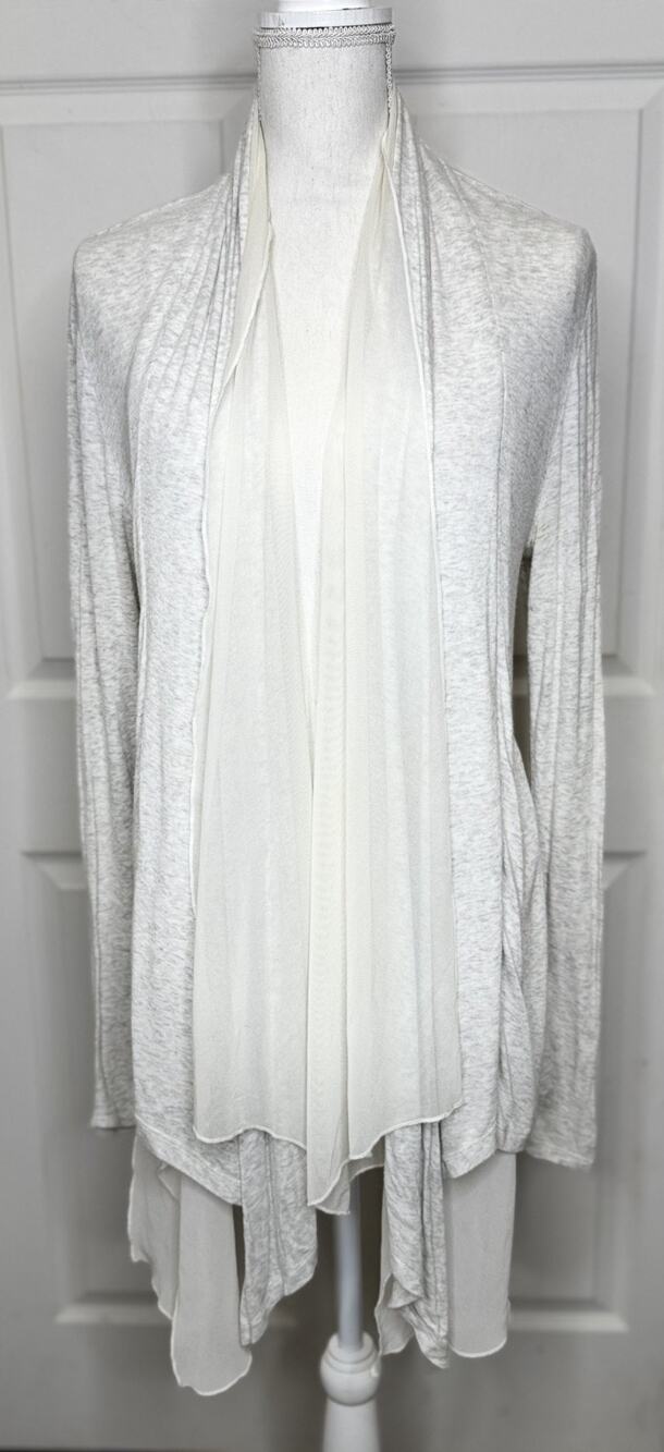 CAbi 344 Sz M Dream Waterfall Women Light Gray Open Front Cardigan Chiffon Trim